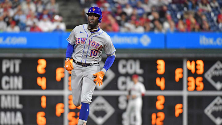 Sep 24, 2023; Philadelphia, Pennsylvania, USA; New York Mets shortstop Ronny Mauricio (10) runs the