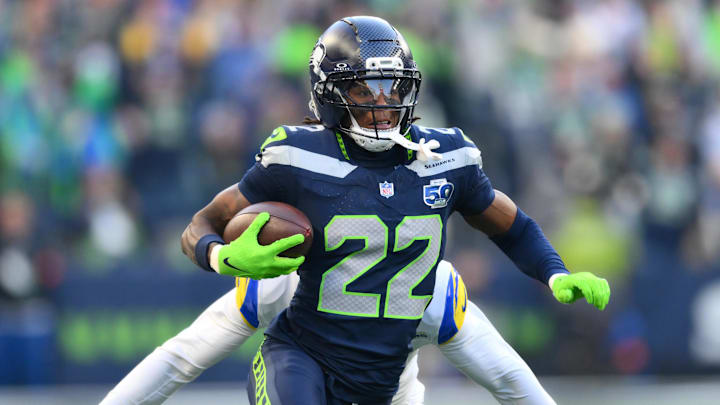 Jan 25, 2026; Seattle, WA, USA; Seattle Seahawks wide receiver Rashid Shaheed (22) runs in the first half against the Los Angeles Rams in the 2026 NFC Championship Game at Lumen Field. Mandatory Credit: Steven Bisig-Imagn Images