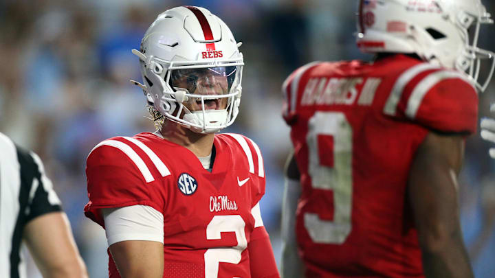 Sep 21, 2024; Oxford, Mississippi, USA; Mississippi Rebels quarterback Jaxson Dart (2) reacts during the second half  against the Georgia Southern Eagles at Vaught-Hemingway Stadium. Mandatory Credit: Petre Thomas-Imagn Images