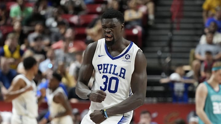 Jul 12, 2025; Las Vegas, NV, USA; Philadelphia 76ers forward/center Adem Bona (30) reacts to a play against the Charlotte Hornets in the third quarter of their game at Thomas & Mack Center. Mandatory Credit: Candice Ward-Imagn Images