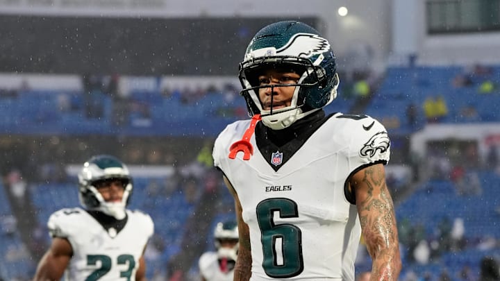 Dec 28, 2025; Orchard Park, New York, USA; Philadelphia Eagles wide receiver DeVonta Smith (6) warms up in the rain before the game against the Buffalo Bills at Highmark Stadium. Mandatory Credit: Gregory Fisher-Imagn Images