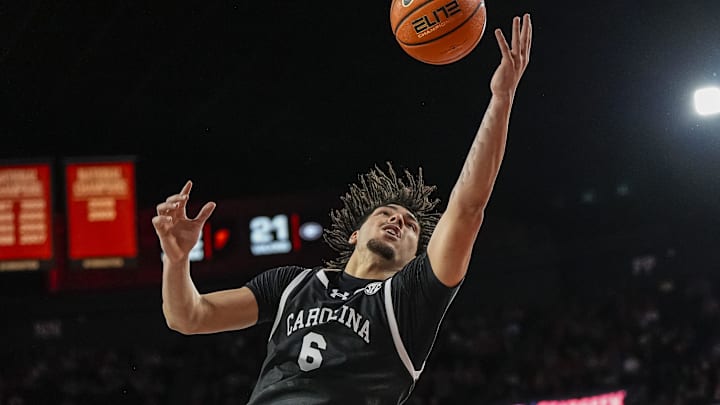 Feb 28, 2026; Athens, Georgia, USA; South Carolina Gamecocks forward EJ Walker (6) goes for a rebound against the Georgia Bulldogs during the second half at Stegeman Coliseum. Mandatory Credit: Dale Zanine-Imagn Images