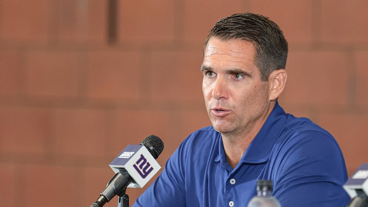 Jul 24, 2024; East Rutherford, NJ, USA; New York Giants general manager Joe Schoen talks to media before the start of training camp at Quest Diagnostics Training Facility.