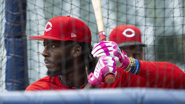 Aug 9, 2024; Milwaukee, Wisconsin, USA;  Cincinnati Reds shortstop Elly De La Cruz (44) takes batting practice prior to the game against the Milwaukee Brewers at American Family Field. Mandatory Credit: Jeff Hanisch-Imagn Images