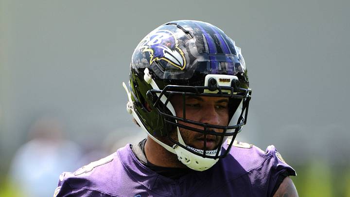 Baltimore Ravens lineman Jovaughn Gwyn during practice at the Under Armour Performance Center