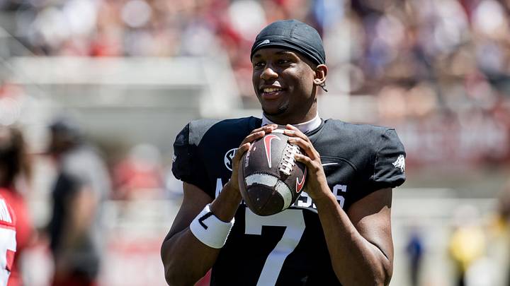 Apr 25, 2026; Fayetteville, AR, USA; Arkansas Razorbacks quarterback KJ Jackson (7) throws the ball on the sidelines during the spring game at Donald W. Reynolds Razorback Stadium. Mandatory Credit: Brett Rojo-Imagn Images Apr 25, 2026; Fayetteville, AR, USA; Arkansas Razorbacks quarterback KJ Jackson (7) throws the ball on the sidelines during the spring game at Donald W. Reynolds Razorback Stadium. Mandatory Credit: Brett Rojo-Imagn Images