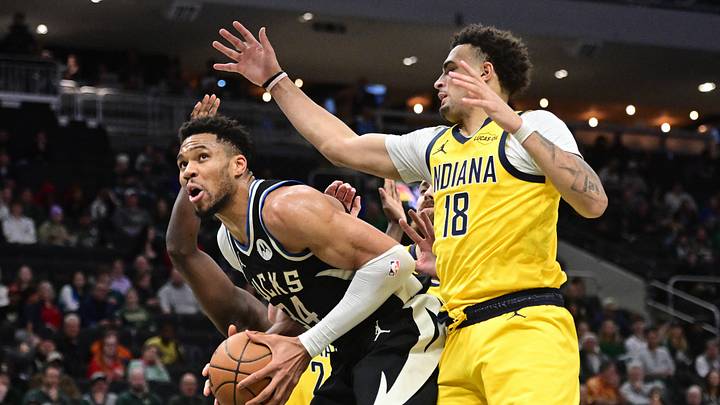 Mar 15, 2026; Milwaukee, Wisconsin, USA; Milwaukee Bucks forward Giannis Antetokounmpo (34) looks for a shot against Indiana Pacers forward Jalen Slawson (18) in the second quarter at Fiserv Forum. Mandatory Credit: Benny Sieu-Imagn Images Mar 15, 2026; Milwaukee, Wisconsin, USA; Milwaukee Bucks forward Giannis Antetokounmpo (34) looks for a shot against Indiana Pacers forward Jalen Slawson (18) in the second quarter at Fiserv Forum. Mandatory Credit: Benny Sieu-Imagn Images