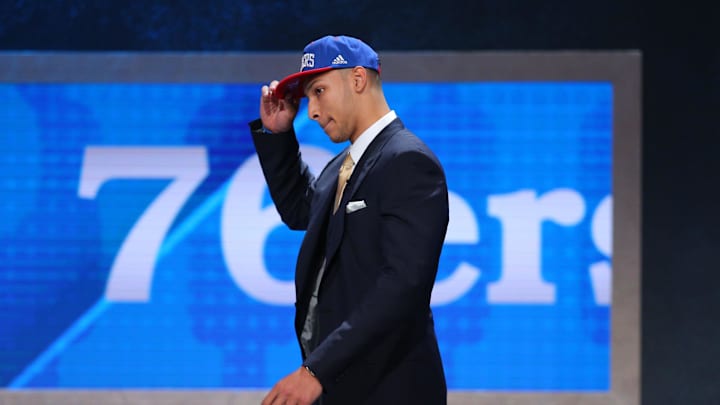 Jun 23, 2016; New York, NY, USA; Ben Simmons (LSU) walks off stage after being selected as the number one overall pick to the Philadelphia 76ers in the first round of the 2016 NBA Draft at Barclays Center. Mandatory Credit: Brad Penner-Imagn Images