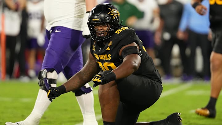 Sep 26, 2025; Tempe, Arizona, USA; Arizona State Sun Devils defensive lineman C.J. Fite (99) celebrates tackle for loss against Arizona State Sun Devils in the first half at Mountain America Stadium, Home of the ASU Sun Devils. Mandatory Credit: Jacob Reiner-Imagn Images