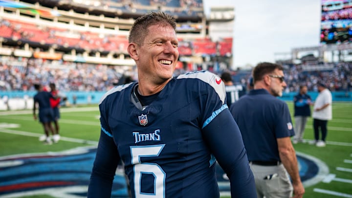 Tennessee Titans place kicker Nick Folk (6) reacts after defeating the New England Patriots in overtime at Nissan Stadium in Nashville, Tenn., Sunday, Nov. 3, 2024. Tennessee Titans place kicker Nick Folk (6) reacts after defeating the New England Patriots in overtime at Nissan Stadium in Nashville, Tenn., Sunday, Nov. 3, 2024.