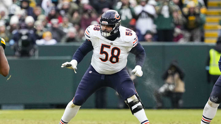 Jan 5, 2025; Green Bay, Wisconsin, USA;  Chicago Bears offensive tackle Darnell Wright (58) during the game against the Green Bay Packers at Lambeau Field. Mandatory Credit: Jeff Hanisch-Imagn Images