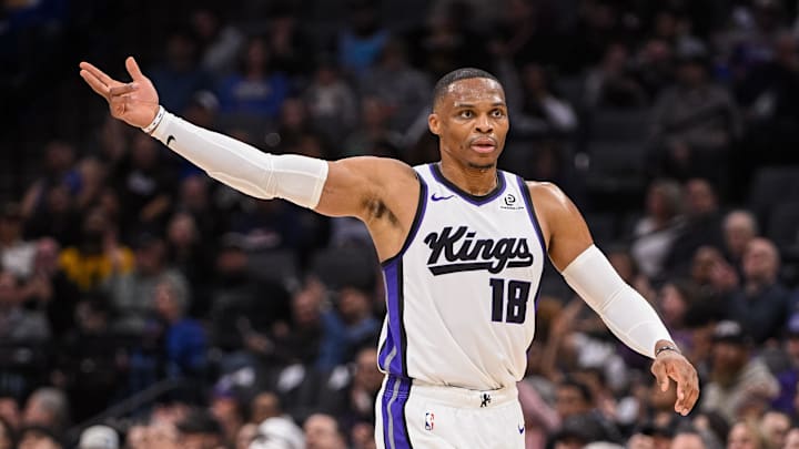 Nov 5, 2025; Sacramento, California, USA; Sacramento Kings guard Russell Westbrook (18) celebrates after scoring against the Golden State Warriors during the second quarter at Golden 1 Center. Mandatory Credit: Ed Szczepanski-Imagn Images Nov 5, 2025; Sacramento, California, USA; Sacramento Kings guard Russell Westbrook (18) celebrates after scoring against the Golden State Warriors during the second quarter at Golden 1 Center. Mandatory Credit: Ed Szczepanski-Imagn Images