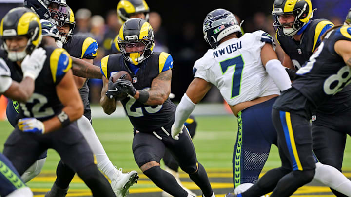 Nov 16, 2025; Inglewood, California, USA; Los Angeles Rams running back Kyren Williams (23) runs the ball during the first half against the Seattle Seahawks at SoFi Stadium. Mandatory Credit: Jayne Kamin-Oncea-Imagn Images