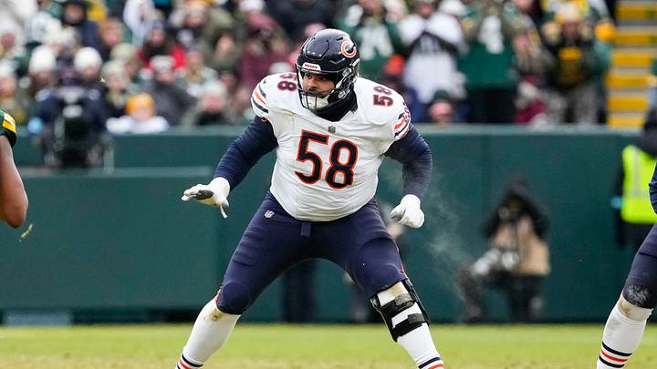 Jan 5, 2025; Green Bay, Wisconsin, USA;  Chicago Bears offensive tackle Darnell Wright (58) during the game against the Green Bay Packers at Lambeau Field. Mandatory Credit: Jeff Hanisch-Imagn Images