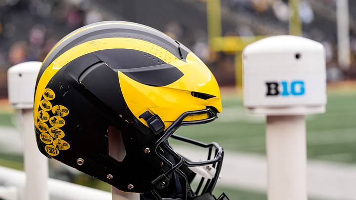 A Michigan football helmet during the spring game at Michigan Stadium in Ann Arbor on Saturday, April 18, 2026. A Michigan football helmet during the spring game at Michigan Stadium in Ann Arbor on Saturday, April 18, 2026.