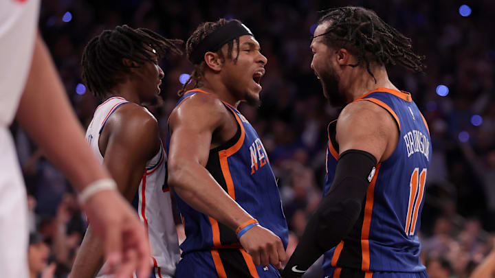 Apr 30, 2024; New York, New York, USA; New York Knicks guard Miles McBride (2) celebrates with guard Jalen Brunson (11) during the fourth quarter of game 5 of the first round of the 2024 NBA playoffs against the Philadelphia 76ers at Madison Square Garden. Mandatory Credit: Brad Penner-Imagn Images Apr 30, 2024; New York, New York, USA; New York Knicks guard Miles McBride (2) celebrates with guard Jalen Brunson (11) during the fourth quarter of game 5 of the first round of the 2024 NBA playoffs against the Philadelphia 76ers at Madison Square Garden. Mandatory Credit: Brad Penner-Imagn Images