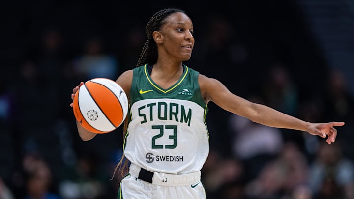 May 29, 2022; Seattle, Washington, USA; Seattle Storm guard Kiana Williams (23) dribbles the ball against the New York Liberty at Climate Pledge Arena. Mandatory Credit: Stephen Brashear-USA TODAY Sports May 29, 2022; Seattle, Washington, USA; Seattle Storm guard Kiana Williams (23) dribbles the ball against the New York Liberty at Climate Pledge Arena. Mandatory Credit: Stephen Brashear-USA TODAY Sports