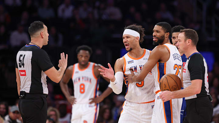Dec 7, 2024; New York, New York, USA; New York Knicks guard Josh Hart (3) reacts after being ejected by referee Ray Acosta (54) during the second half against the Detroit Pistons at Madison Square Garden. Mandatory Credit: Vincent Carchietta-Imagn Images