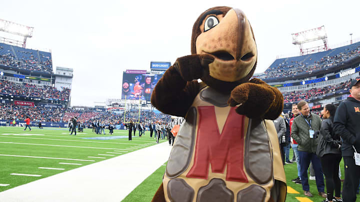 Dec 30, 2023; Nashville, TN, USA; The Maryland Terrapins mascot Testudo dances before the game against the Auburn Tigers at Nissan Stadium. Mandatory Credit: Christopher Hanewinckel-Imagn Images Dec 30, 2023; Nashville, TN, USA; The Maryland Terrapins mascot Testudo dances before the game against the Auburn Tigers at Nissan Stadium. Mandatory Credit: Christopher Hanewinckel-Imagn Images