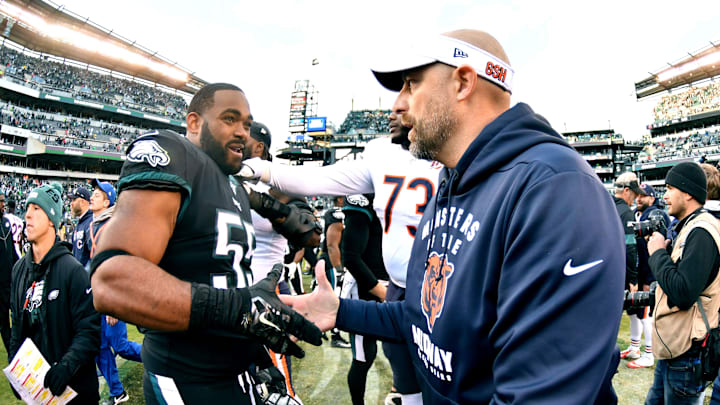 Nov 3, 2019; Philadelphia, PA, USA; Philadelphia Eagles defensive end Brandon Graham (55) and Chicago Bears head coach Matt Nagy meet on the filed after game at Lincoln Financial Field. Mandatory Credit: Eric Hartline-Imagn Images