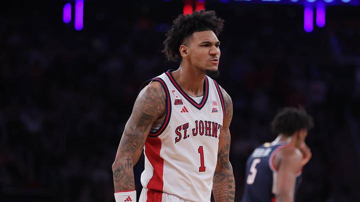Mar 14, 2026; New York, NY, USA; St. John's Red Storm forward Dillon Mitchell (1) reacts during the first half of the men's Big East Conference Tournament Championship against the Connecticut Huskies at Madison Square Garden. Mandatory Credit: Brad Penner-Imagn Images