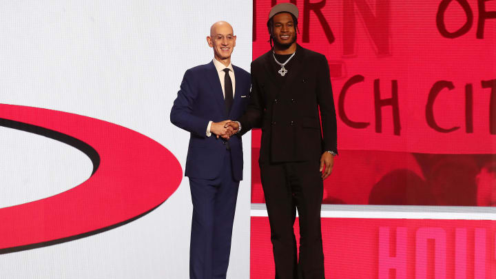 Jun 22, 2023; Brooklyn, NY, USA; Cam Whitmore (Villanova) with NBA commissioner Adam Silver after being selected twentieth by the Houston Rockets in the first round of the 2023 NBA Draft at Barclays Arena. Mandatory Credit: Wendell Cruz-USA TODAY Sports