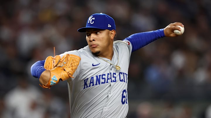 Oct 7, 2024; Bronx, New York, USA; Kansas City Royals pitcher Angel Zerpa (61) throws a pitch against the New York Yankees in the fifth inning during game two of the ALDS for the 2024 MLB Playoffs at Yankee Stadium. Mandatory Credit: Vincent Carchietta-Imagn Images