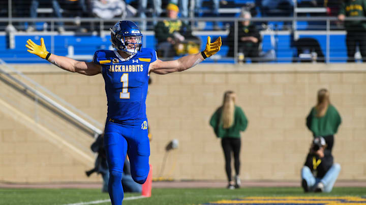 SDSU's wide receiver Jadon Janke (1) celebrates a touchdown. Janke has signed with the Green Bay Packers.