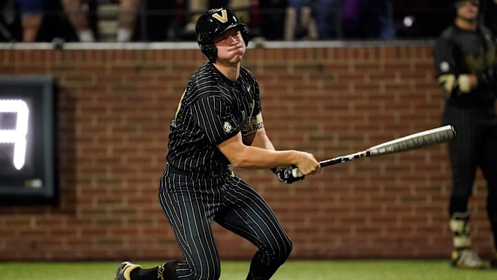 Vanderbilt catcher Colin Barczi (44) reacts as he grounds out against Arkansas ending the seventh inning at Hawkins Field in Nashville, Tenn., Friday, March 28, 2025.