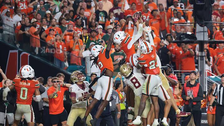 Oct 17, 2026; Miami Gardens, Florida, USA;  Miami Hurricanes defensive back Bryce Fitzgerald (3) makes an interception to end the game in overtime against the Florida State Seminoles at Hard Rock Stadium.  Mandatory Credit: Sam Navarro-Imagn Images