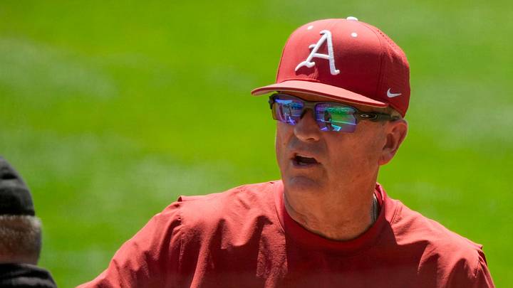 April 12, 2026; Tuscaloosa, AL, USA; Arkansas head coach Dave Van Horn meets with umpires before the game at Sewell-Thomas Stadium in game 3 of the weekend series between Alabama and Arkansas. April 12, 2026; Tuscaloosa, AL, USA; Arkansas head coach Dave Van Horn meets with umpires before the game at Sewell-Thomas Stadium in game 3 of the weekend series between Alabama and Arkansas.