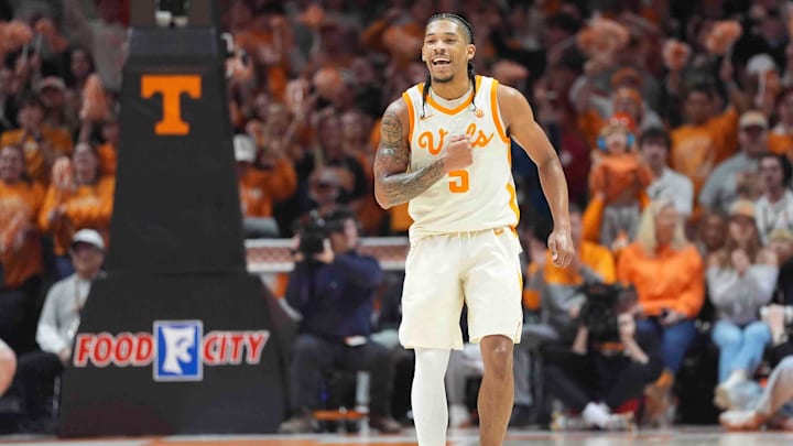 Tennessee's Zakai Zeigler (5) celebrates on the court during a men’s college basketball game between Tennessee and Vanderbilt at Thompson-Boling Arena at Food City Center, Saturday, Feb. 15, 2025.