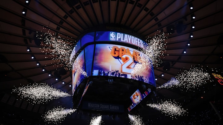 Apr 22, 2024; New York, New York, USA;  A view of the main scoreboard before game two of the first round for the 2024 NBA playoffs between the New York Knicks and the Philadelphia 76ers at Madison Square Garden. Mandatory Credit: Vincent Carchietta-Imagn Images