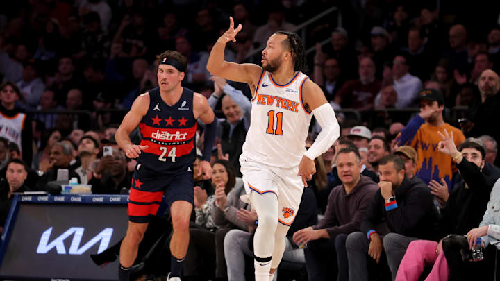 Nov 18, 2024; New York, New York, USA; New York Knicks guard Jalen Brunson (11) celebrates his three point shot against Washington Wizards forward Corey Kispert (24) during the second quarter at Madison Square Garden. Mandatory Credit: Brad Penner-Imagn Images Nov 18, 2024; New York, New York, USA; New York Knicks guard Jalen Brunson (11) celebrates his three point shot against Washington Wizards forward Corey Kispert (24) during the second quarter at Madison Square Garden. Mandatory Credit: Brad Penner-Imagn Images