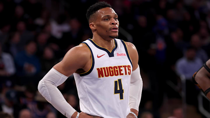 Jan 29, 2025; New York, New York, USA; Denver Nuggets guard Russell Westbrook (4) reacts during the first quarter against the New York Knicks at Madison Square Garden. Mandatory Credit: Brad Penner-Imagn Images