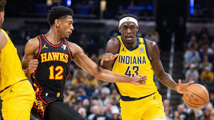Apr 14, 2024; Indianapolis, Indiana, USA; Indiana Pacers forward Pascal Siakam (43) dribbles the