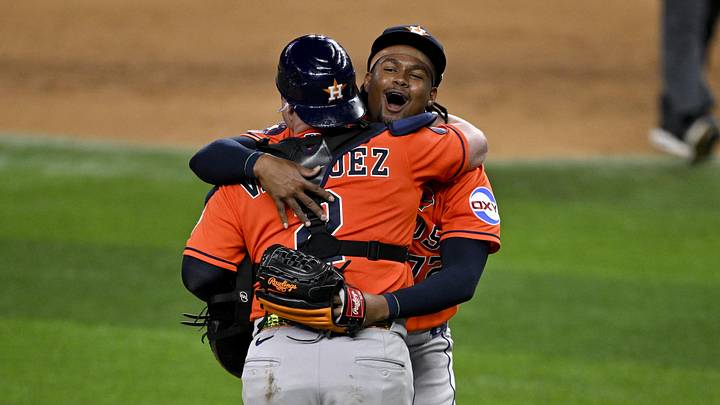Houston Astros relief pitcher Alimber Santa (72) and catcher Christian Vazquez (2) celebrate on the field after the Astros pitch a combined no hitter against the Texas Rangers at Globe Life Field. Houston Astros relief pitcher Alimber Santa (72) and catcher Christian Vazquez (2) celebrate on the field after the Astros pitch a combined no hitter against the Texas Rangers at Globe Life Field.