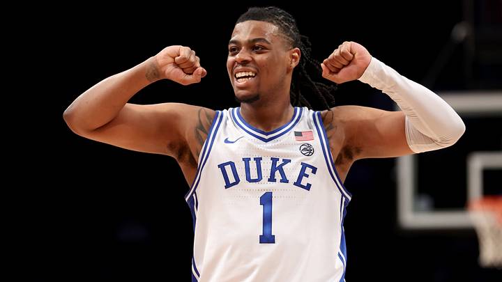 Mar 11, 2022; Brooklyn, NY, USA; Duke Blue Devils guard Trevor Keels (1) reacts during the second half of the ACC Tournament semifinal game against the Miami Hurricanes at Barclays Center. Mandatory Credit: Brad Penner-USA TODAY Sports