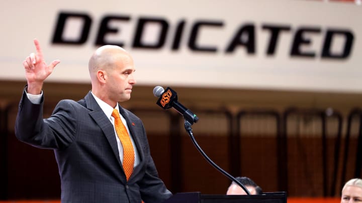 New Oklahoma State University head men's basketball coach Steve Lutz speaks during an introduction ceremony of the at Gallagher-Iba Arena in Stillwater, Okla., Thursday, April 4, 2024.