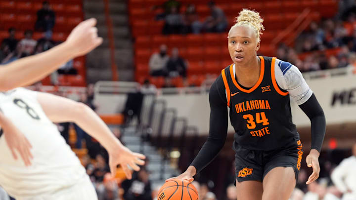 Oklahoma State center Tenin Magassa (34) dribble up court in the second half of the college basketball game between the Oklahoma State University Cowgirls and the Colorado Buffaloes at Gallagher-Iba Arena in Stillwater, Okla., Saturday, Feb., 22, 2025.