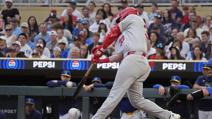 Jun 12, 2026; Minneapolis, Minnesota, USA; St. Louis Cardinals third baseman Blaze Jordan (33) hits an RBI single against the Minnesota Twins in his major league debut at bat in the second inning at Target Field. Mandatory Credit: Bruce Kluckhohn-Imagn Images Jun 12, 2026; Minneapolis, Minnesota, USA; St. Louis Cardinals third baseman Blaze Jordan (33) hits an RBI single against the Minnesota Twins in his major league debut at bat in the second inning at Target Field. Mandatory Credit: Bruce Kluckhohn-Imagn Images