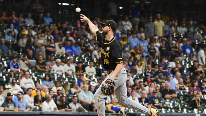 Aug 12, 2025; Milwaukee, Wisconsin, USA; Pittsburgh Pirates shortstop Jared Triolo (19) throws a pitch in the eighth inning against the Milwaukee Brewers at American Family Field. Mandatory Credit: Benny Sieu-Imagn Images Aug 12, 2025; Milwaukee, Wisconsin, USA; Pittsburgh Pirates shortstop Jared Triolo (19) throws a pitch in the eighth inning against the Milwaukee Brewers at American Family Field. Mandatory Credit: Benny Sieu-Imagn Images