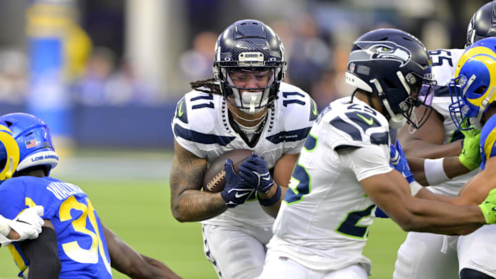 Jan 5, 2025; Inglewood, California, USA; Seattle Seahawks wide receiver Jaxon Smith-Njigba (11) runs the ball in the first half against the Los Angeles Rams at SoFi Stadium. Mandatory Credit: Jayne Kamin-Oncea-Imagn Images Jan 5, 2025; Inglewood, California, USA; Seattle Seahawks wide receiver Jaxon Smith-Njigba (11) runs the ball in the first half against the Los Angeles Rams at SoFi Stadium. Mandatory Credit: Jayne Kamin-Oncea-Imagn Images
