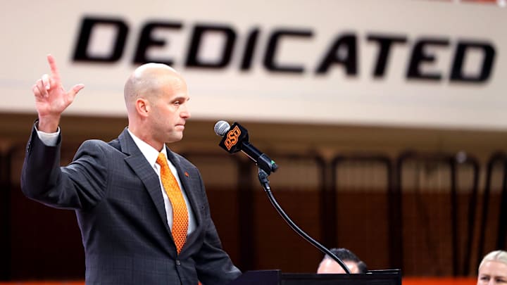 New Oklahoma State University head men's basketball coach Steve Lutz speaks during an introduction New Oklahoma State University head men's basketball coach Steve Lutz speaks during an introduction