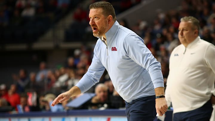 Jan 4, 2025; Oxford, Mississippi, USA; Mississippi Rebels head coach Chris Beard reacts during the first half against the Georgia Bulldogs at The Sandy and John Black Pavilion at Ole Miss. Mandatory Credit: Petre Thomas-Imagn Images