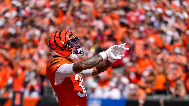 Cincinnati Bengals running back Chase Brown (30) celebrates a touchdown in the second quarter of the NFL Week 1 game between the Cincinnati Bengals and the Tampa Bay Buccaneers at Paycor Stadium in Cincinnati on Sunday, Sept. 13, 2026.