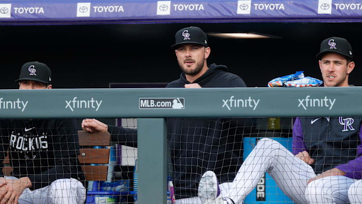 Apr 24, 2024; Denver, Colorado, USA; Colorado Rockies player Kris Bryant (23) looks on from the