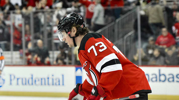 Feb 25, 2024; Newark, New Jersey, USA; New Jersey Devils right wing Tyler Toffoli (73) heads towards