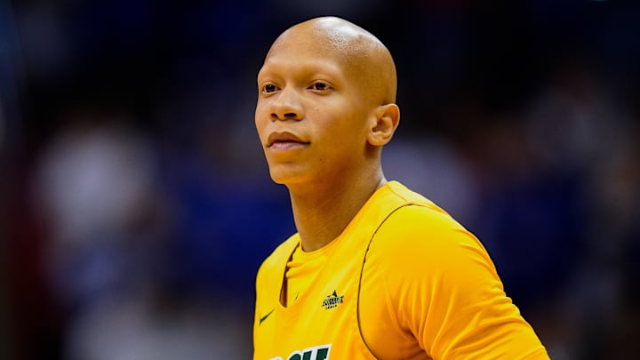Nov 10, 2022; Lawrence, Kansas, USA; North Dakota State Bison guard Jacari White (11) reacts during the first half against the Kansas Jayhawks at Allen Fieldhouse. Mandatory Credit: Jay Biggerstaff-Imagn Images
