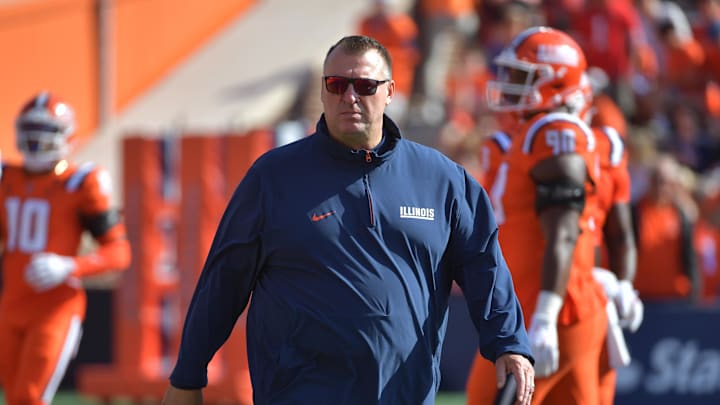Oct 11, 2025; Champaign, Illinois, USA; Illinois Fighting Illini head coach Bret Bielema during warmups prior to a game against the Ohio State Buckeyes at Memorial Stadium. Mandatory Credit: Ron Johnson-Imagn Images